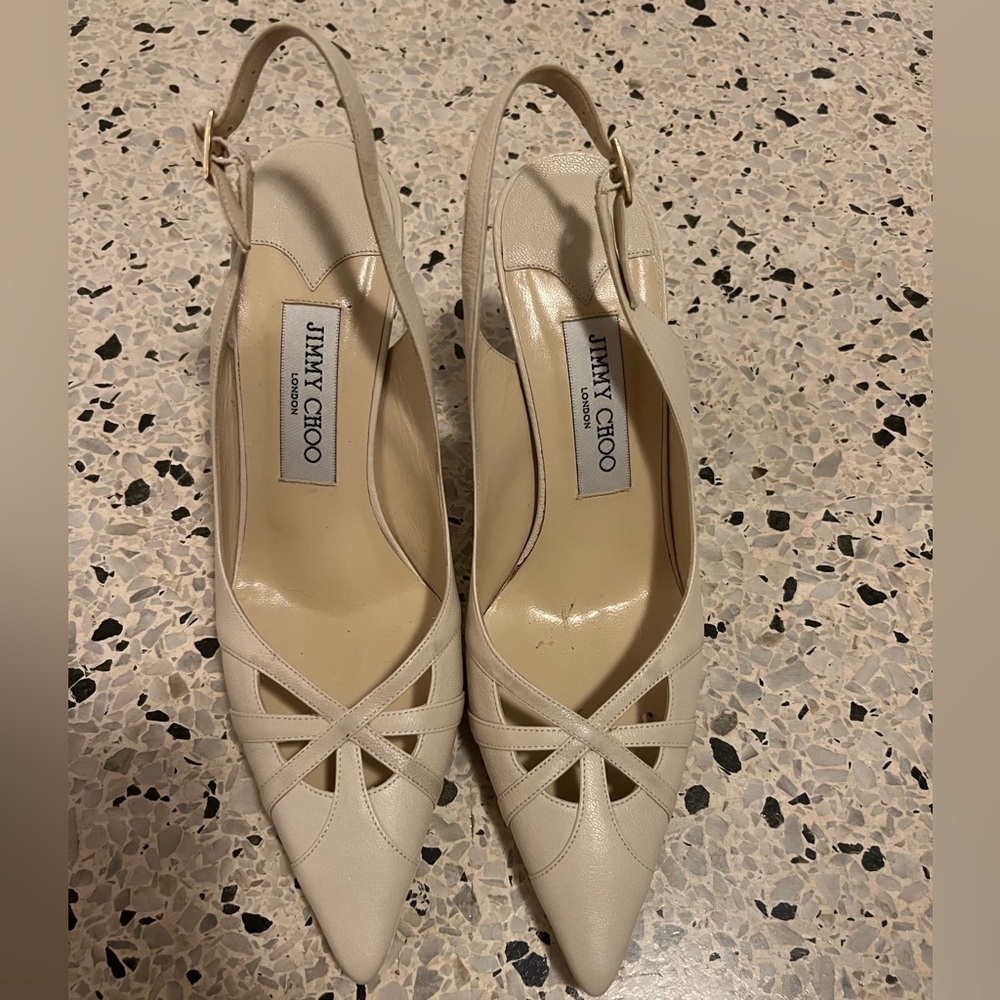 Jimmy Choo grainy goat leather ecru sling back heels EU Size 38 US Size 7